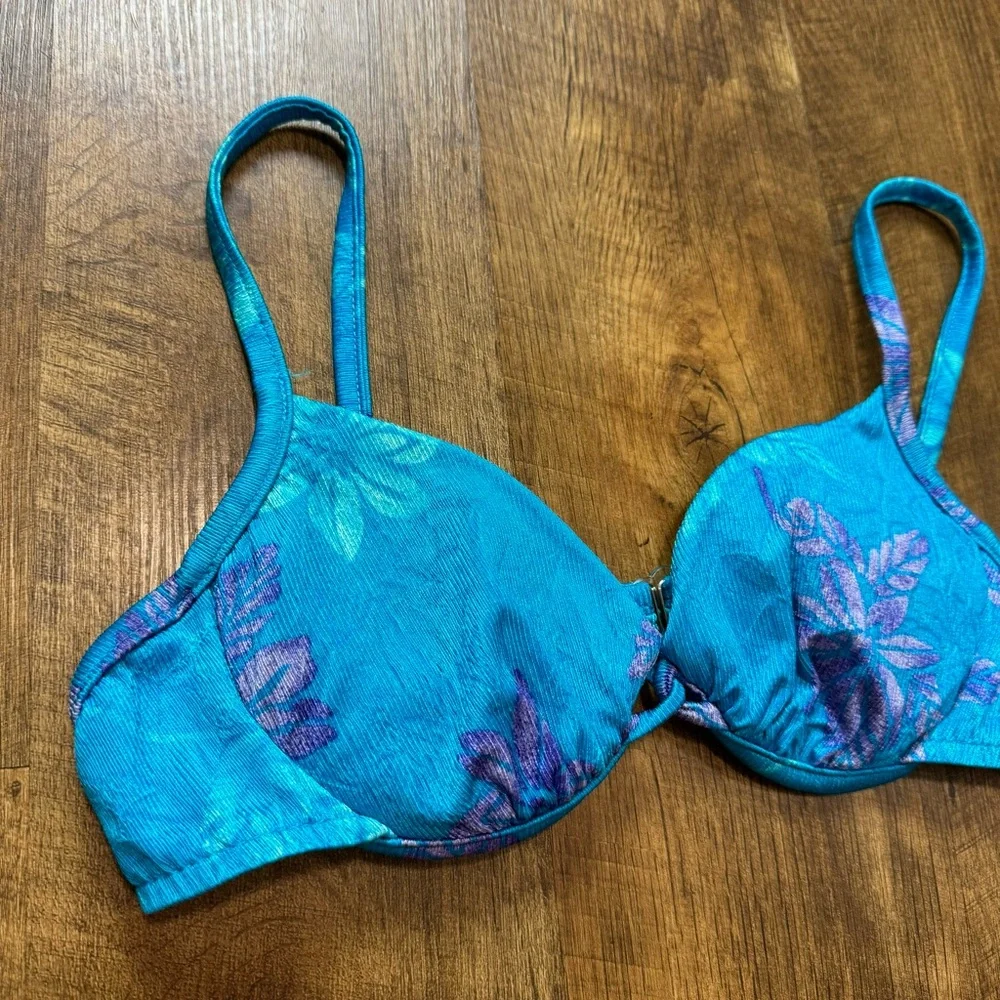 Vtg Athena Shimmer Floral Bikini Top Sz 10 Turquoise Blue Beach Resort
